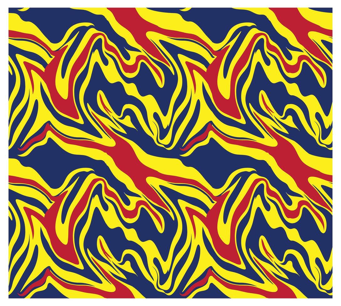 Abstract pattern featuring swirling lines in red, yellow, and navy blue, creating a vibrant and dynamic visual effect, repeat surface design. vector