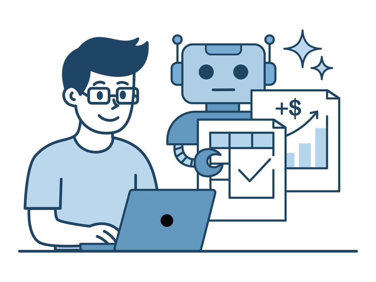 Human and AI Collaboration in Business. A man and a robot work together on a laptop, representing the synergy of human and artificial intelligence to boost business productivity. vector