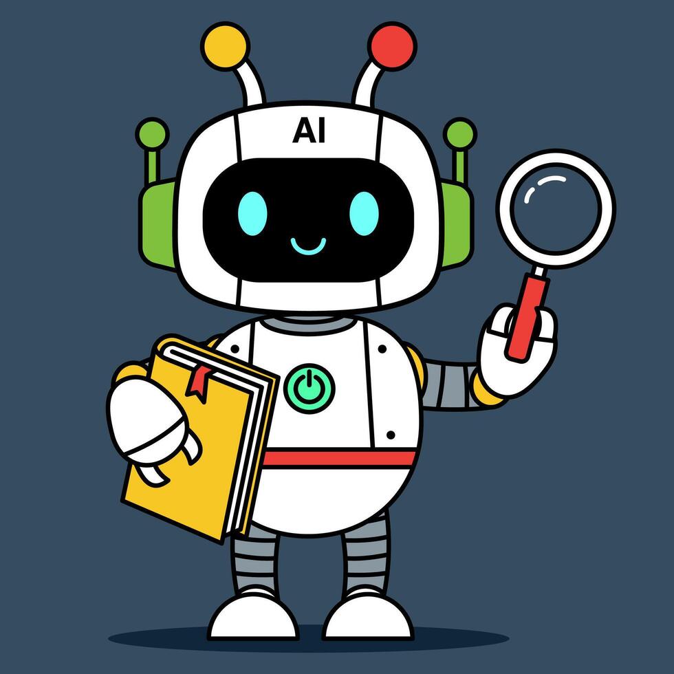 AI in Education. A cute AI robot character holding a magnifying glass and a book. It represents artificial intelligence as a helpful assistant in learning, education, and knowledge discovery. vector