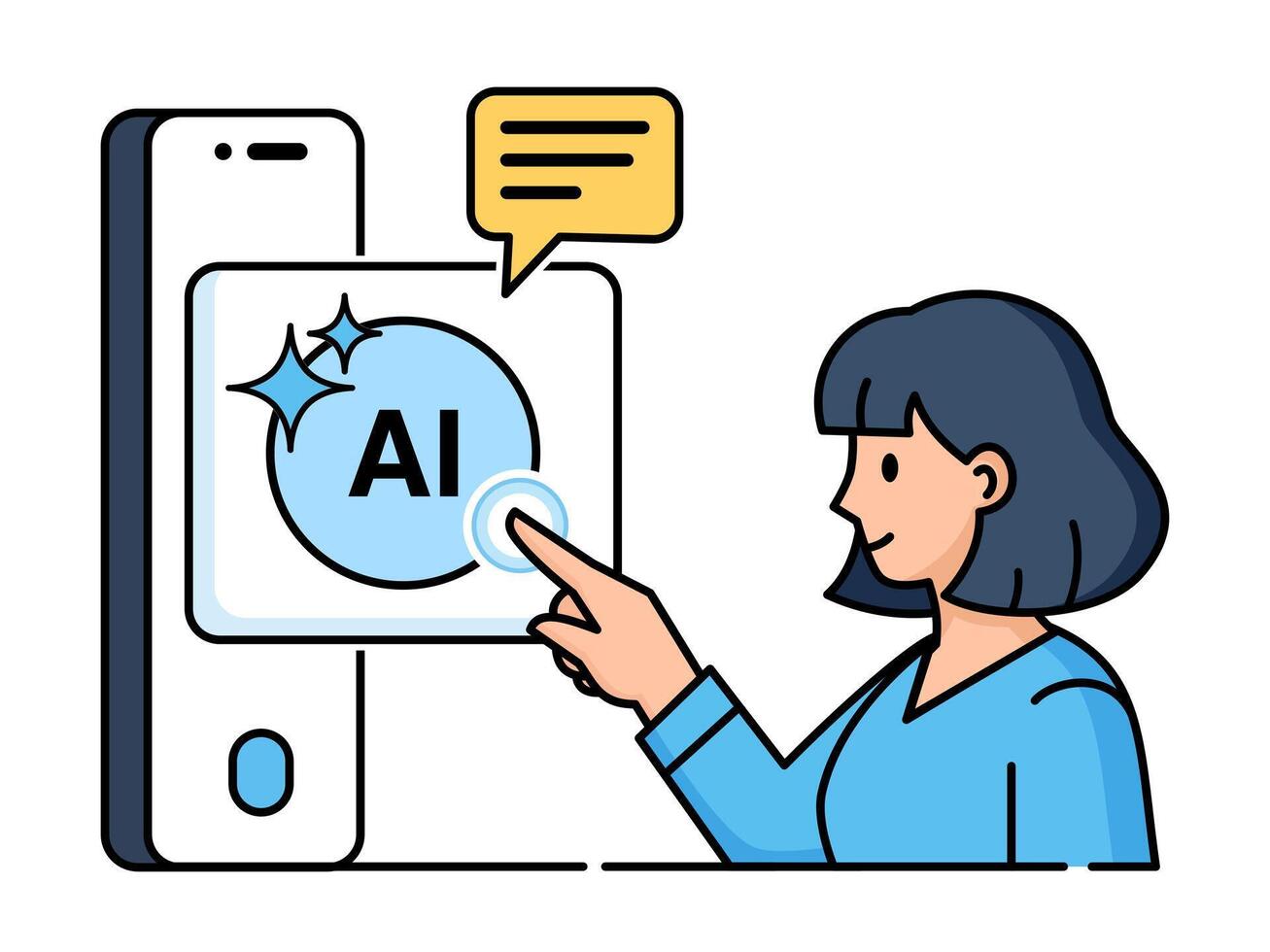 AI connect in futuristic. A woman interacts with an AI icon on her smartphone, representing the easy and modern communication between humans and artificial intelligence. vector