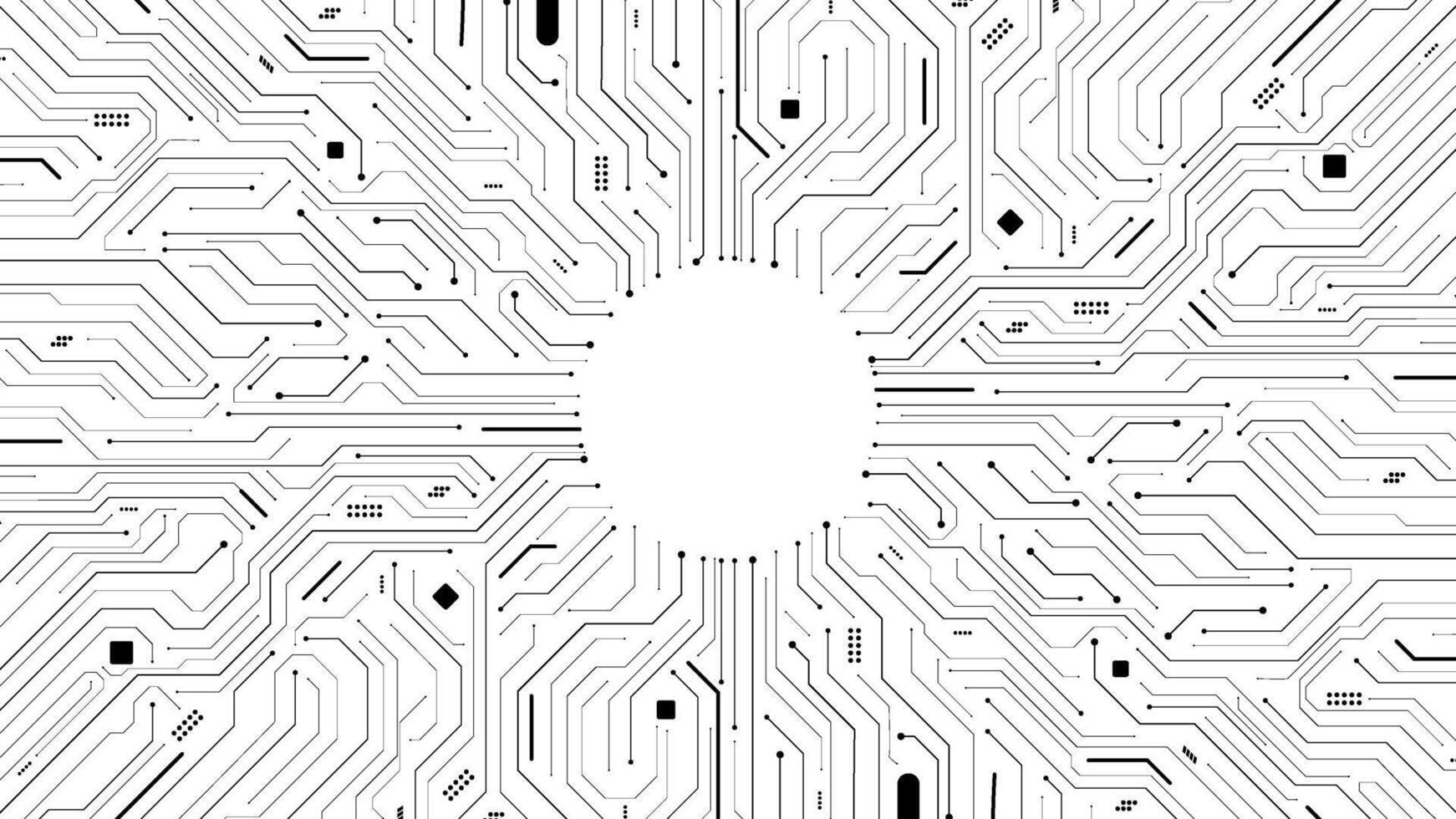 black connection paths or wire lines on circuit board or motherboard with circle in middle background template vector
