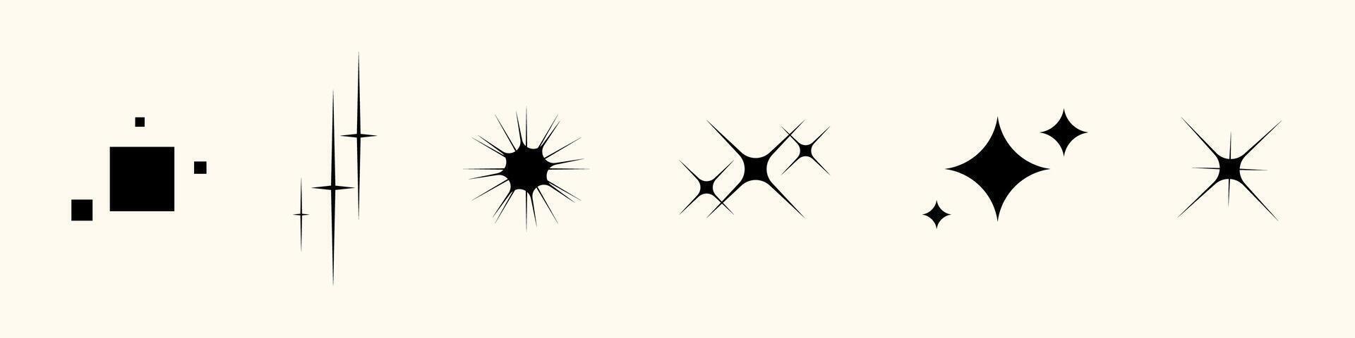 Minimalist starbursts and glowing flares with festive spark. Clean flat symbols shine against light space. Use in celebration design, tattoo references or magical posters. vector