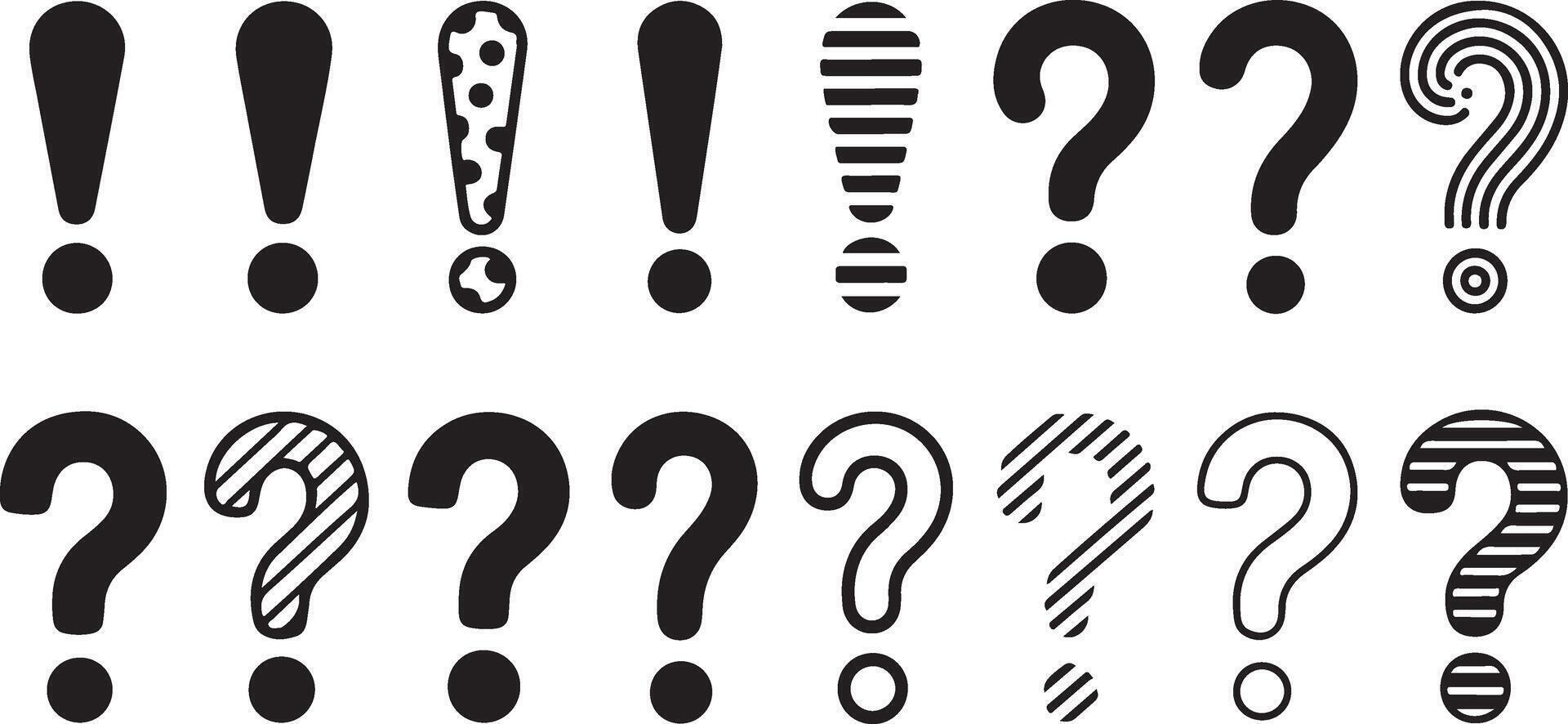 Collection of Question Marks and Exclamation Points in Different Styles and Patterns on White Background vector