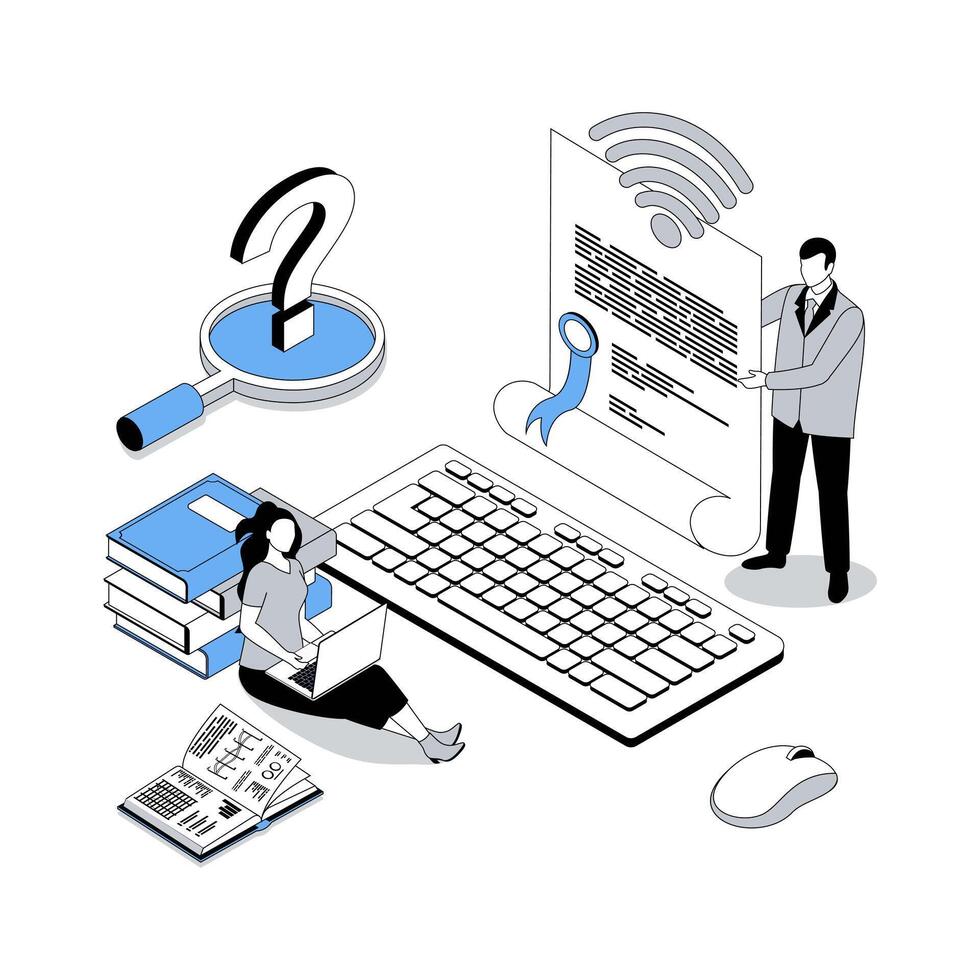 Online education 3d isometric concept with isometry people design for web. Students reading books and textbook, study distantly at e-learning platform, graduating and get diploma. illustration vector