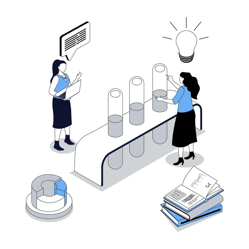Medicine 3d isometric concept with isometry people design for web. Scientist team working in laboratory, doing chemical tests in flask, researching disease and finding solutions. illustration vector