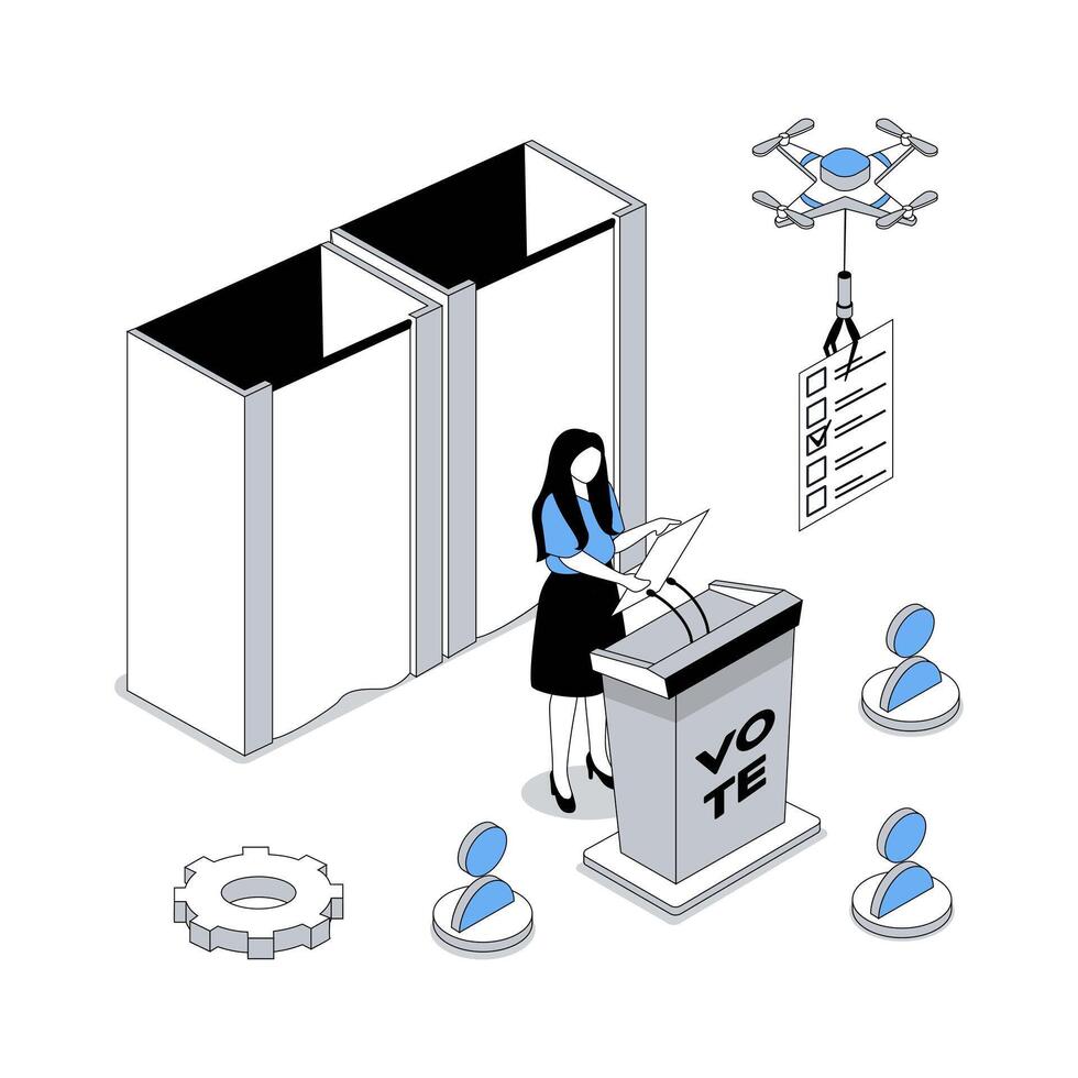 Election and voting 3d isometric concept with isometry people design for web. Woman doing political agitation speech, voters go on polling station with lists, making choice. illustration vector