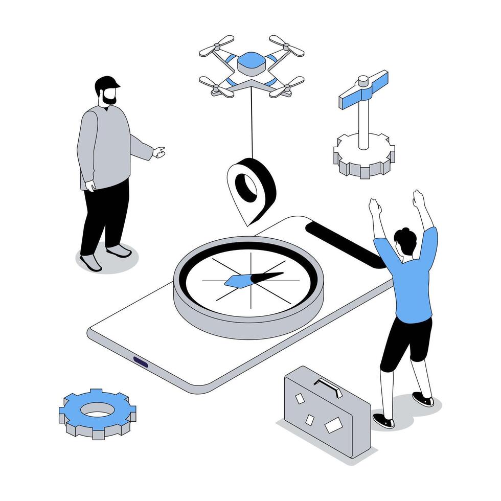 GPS navigation 3d isometric concept with isometry people design for web. Men using global positioning system with compass guide, exploring new places in trip with destination pins. illustration vector
