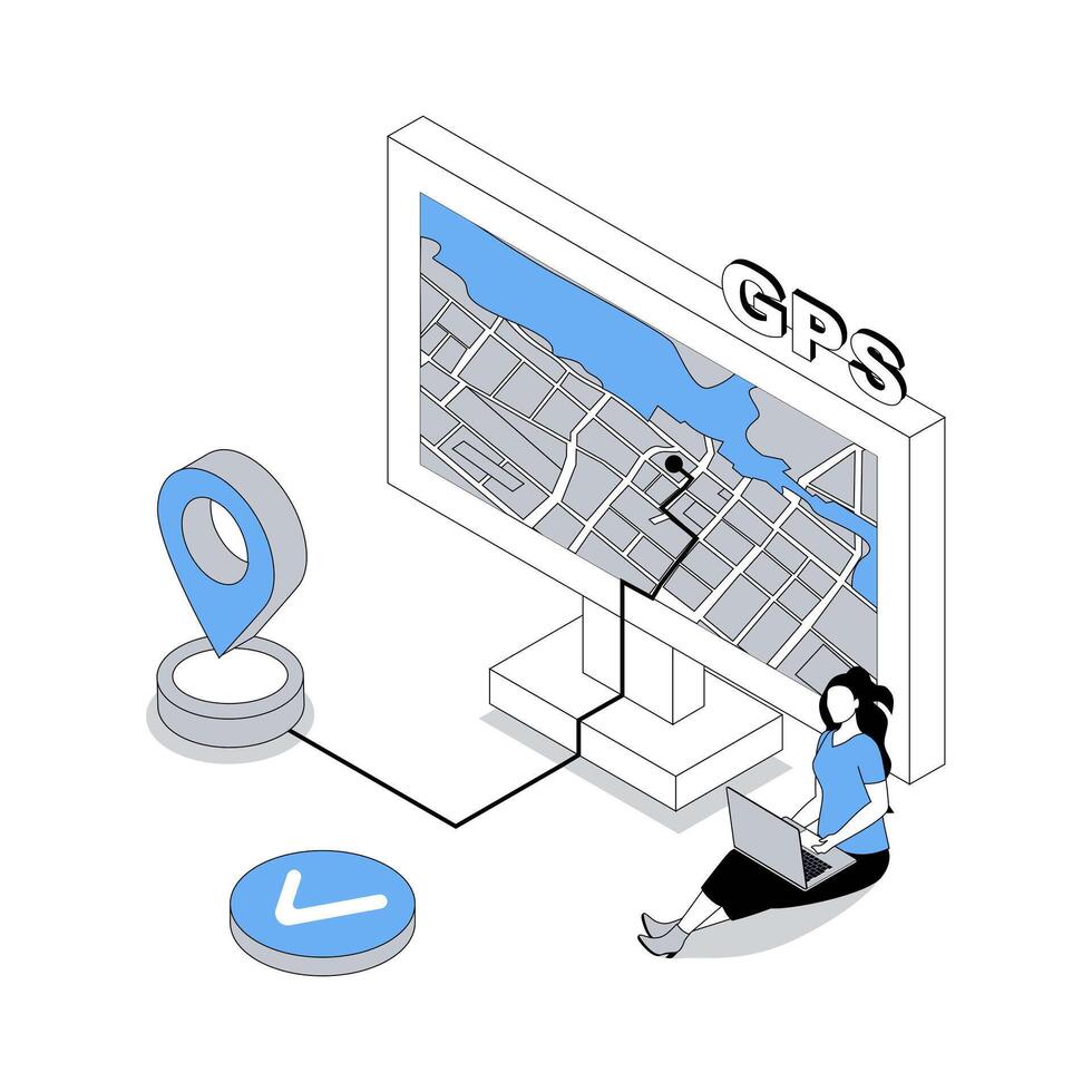 GPS navigation 3d isometric concept with isometry people design for web. Woman using global positioning system at computer, exploring city district with traffic info at screen. illustration vector