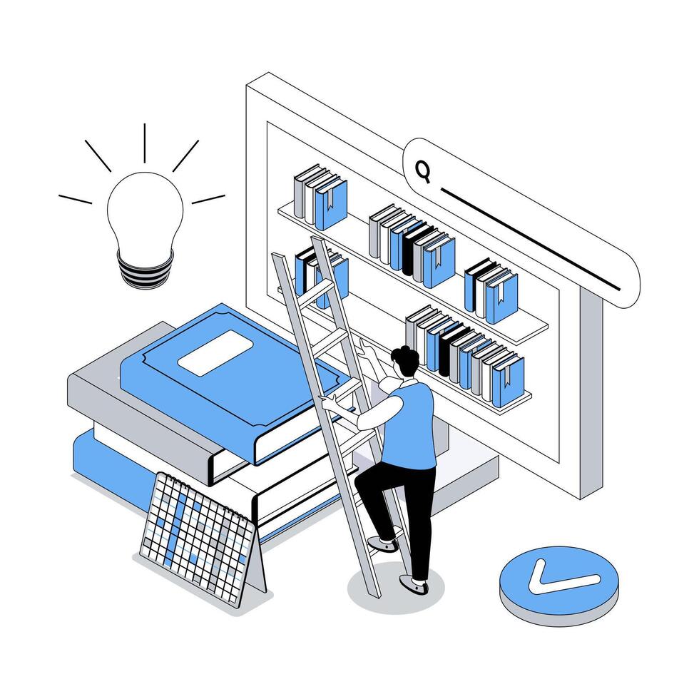 Online education 3d isometric concept with isometry people design for web. Student reading books and textbook in virtual library at computer, studying at e-learning platform. illustration vector