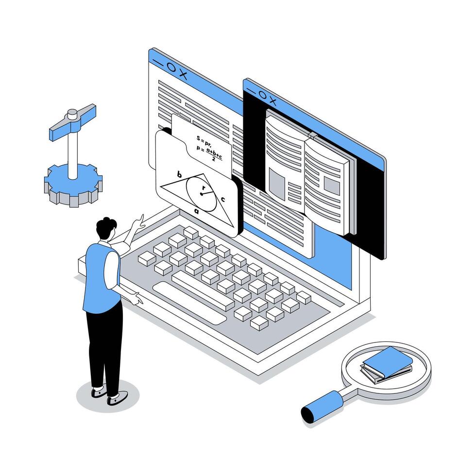 Online education 3d isometric concept with isometry people design for web. Man reading math books and textbook at computer, studying at e-learning platform with in virtual library. illustration vector