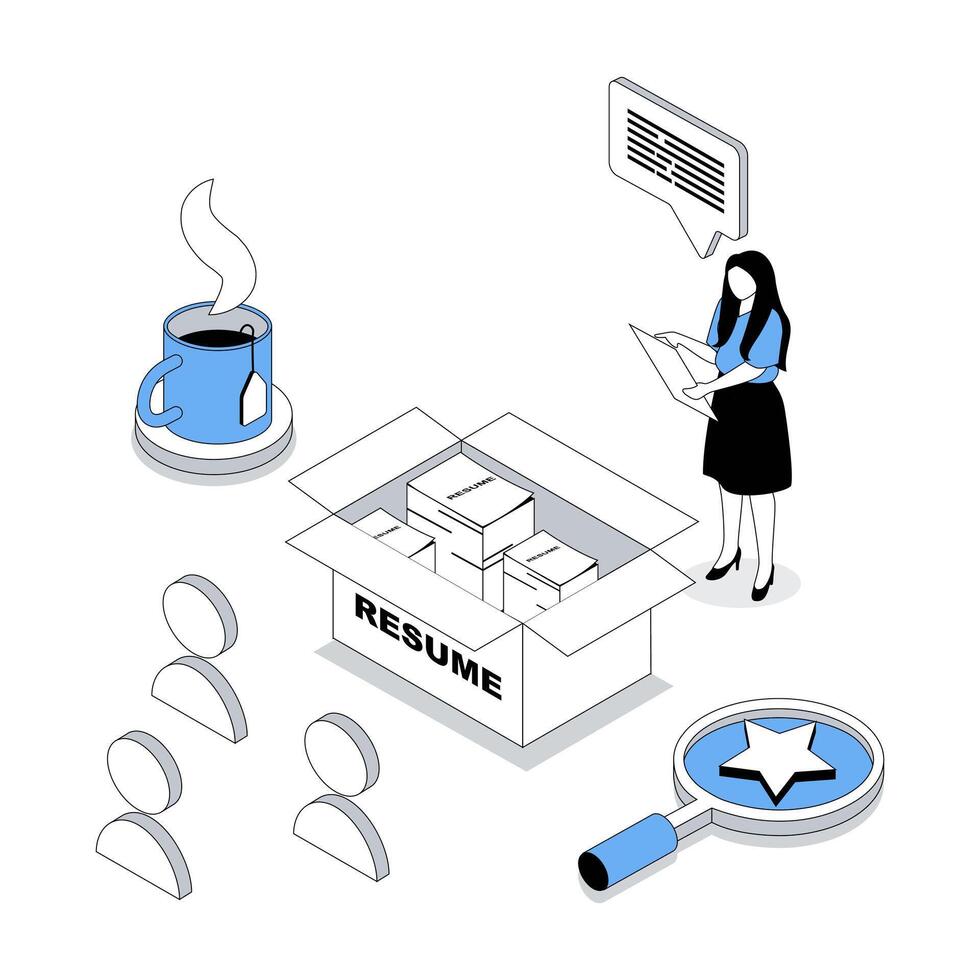 HR process 3d isometric concept with isometry people design for web. Headhunter looking applicants and interviewing candidates, finding and hiring staff in company on vacancies. illustration vector