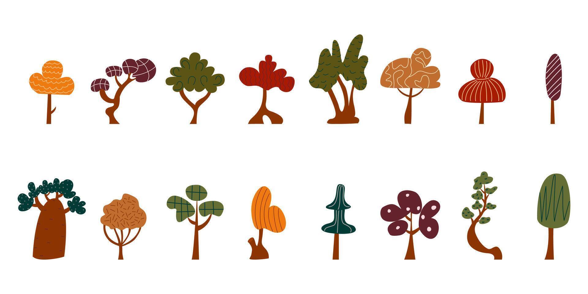 Collection of simple autumn trees on white background. Hand drawn forest elements with flat shapes and seasonal colors. Set of trees with different crowns. Botanical cartoon illustrations vector