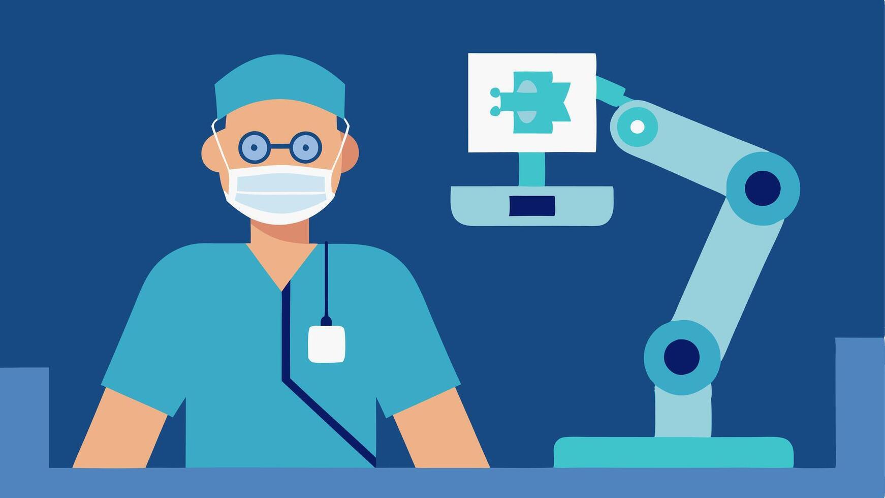Doctor and AI Collaboration A doctor in scrubs and a mask looks at a monitor displaying 3D scans while a robotic arm is engaging in delicate on the patient.. vector