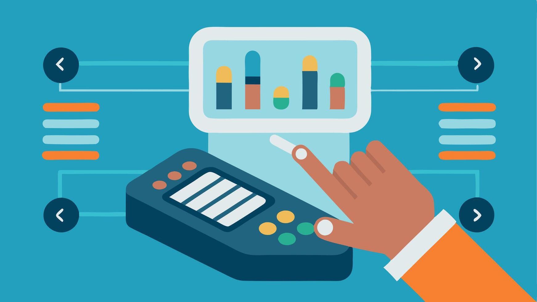 Calibration A closeup of hands adjusting settings on the handheld DNA sequencer with digital readouts nearby to indicate sample measurement and processing status.. vector