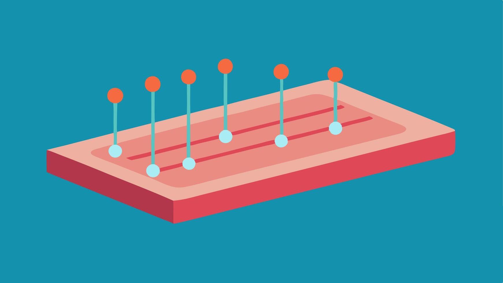 Chip Overview A flat rectangular microfluidic chip with multiple channels showing or saliva flowing through them highlighting various biomarker detection spots.. vector