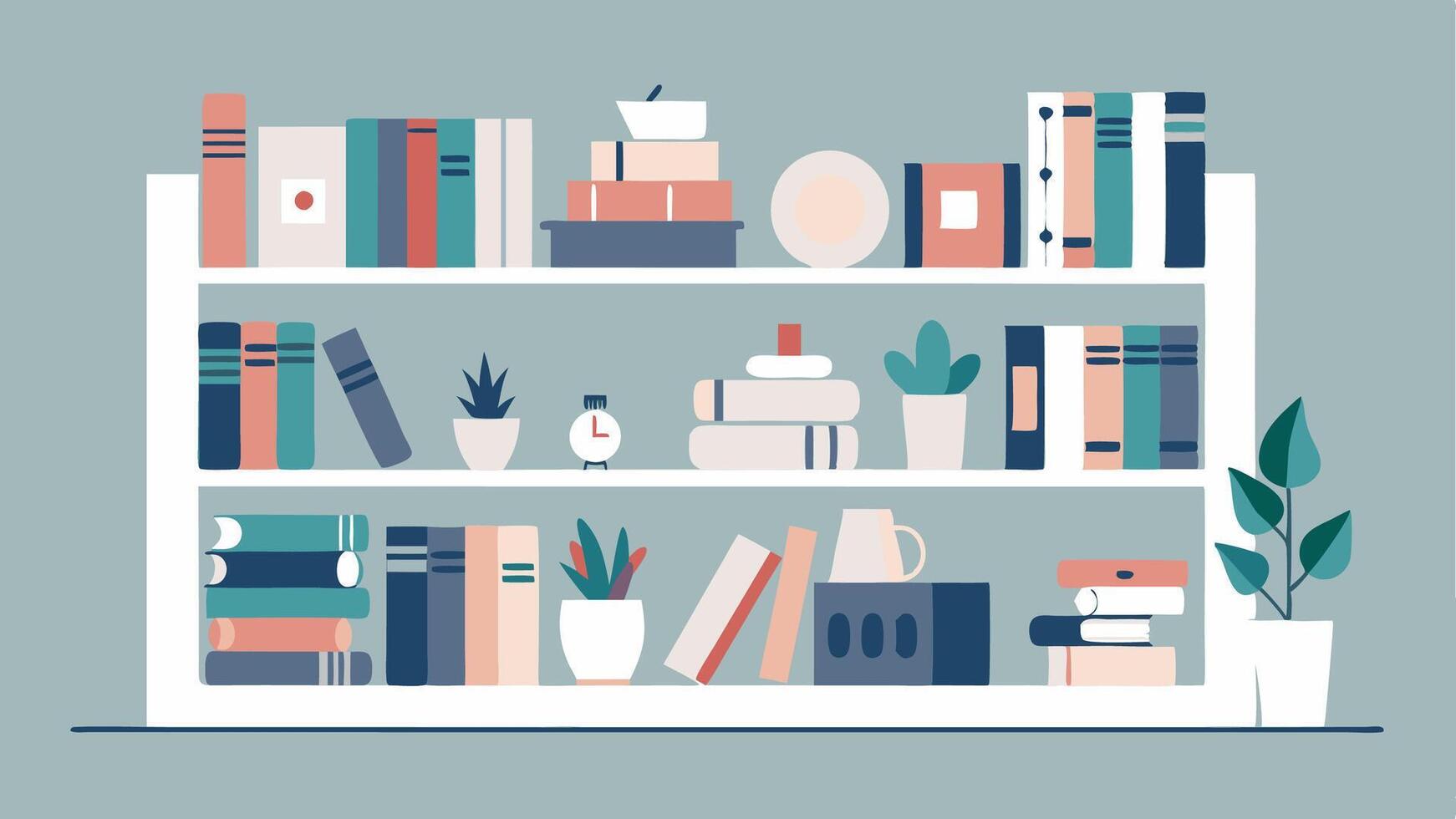 A minimalist allwhite bookshelf lined with carefully curated books and decorative objects.. vector