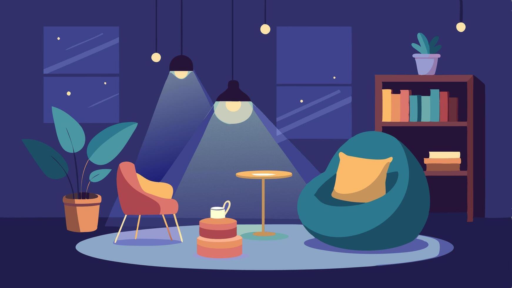 A quiet corner with bean bag chairs and soft lighting perfect for reading or having a quiet conversation.. vector
