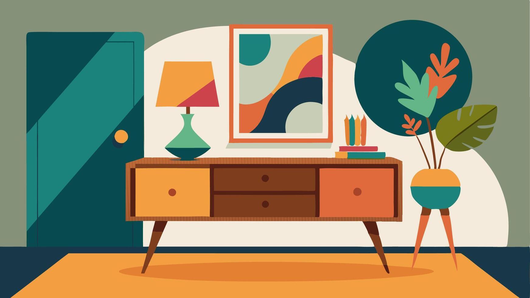 An eclectic entryway with a midcentury modern console table topped with a mix of vintage and modern accessories. A vibrant abstract painting hangs above the console creating a. vector