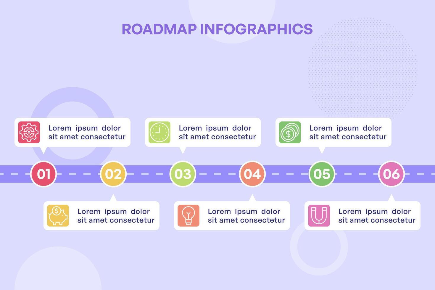 Straight-Line Timeline Infographic with 6 Steps and Dual Text Boxes vector