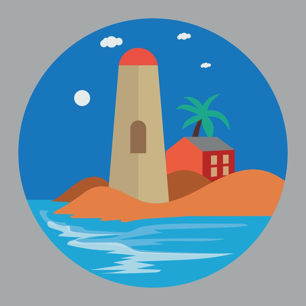 Island Getaway Lighthouse Scene with Palm Tree and House under a Blue Sky within a Circular Composition vector