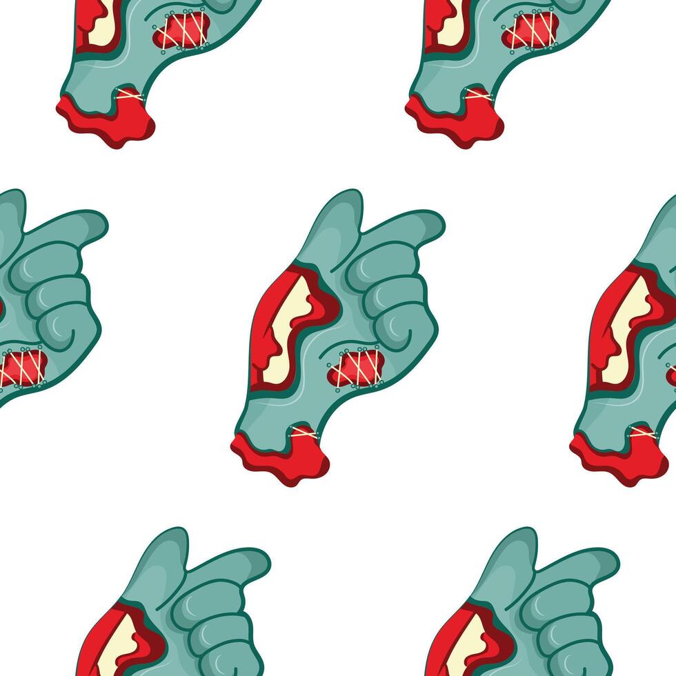 pattern with a cartoon zombie hand in blue with open wounds and bones that folds into a gesture with a folded hand and an extended index finger, design for Halloween vector