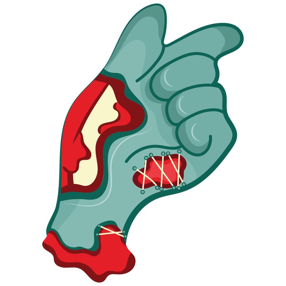 cartoon zombie hand in blue with open wounds and bones that folds into a gesture with a folded hand and an extended index finger, Halloween design vector