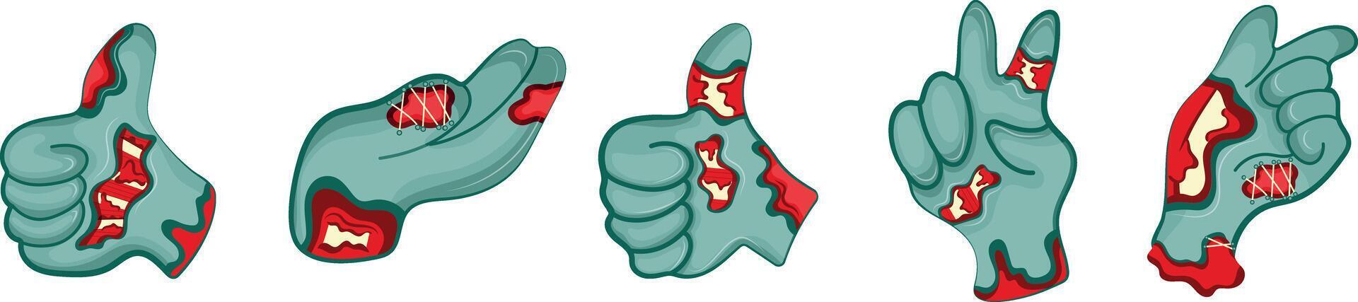 set with cartoon zombie hands in blue with open wounds and bones that fold into various gestures, Halloween design vector
