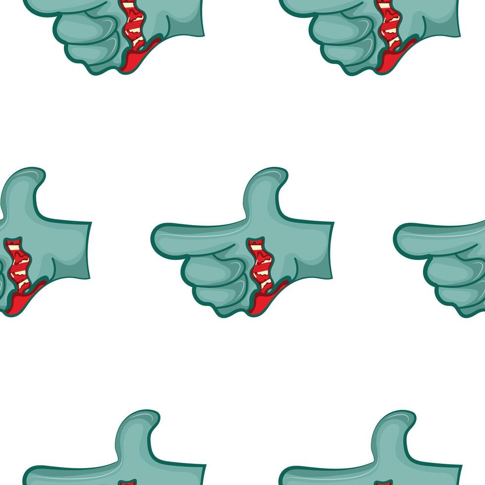 pattern with a cartoonish zombie hand in blue with open wounds and bones that folds into a gun gesture - a fun and at the same time creepy gesture, design for Halloween vector