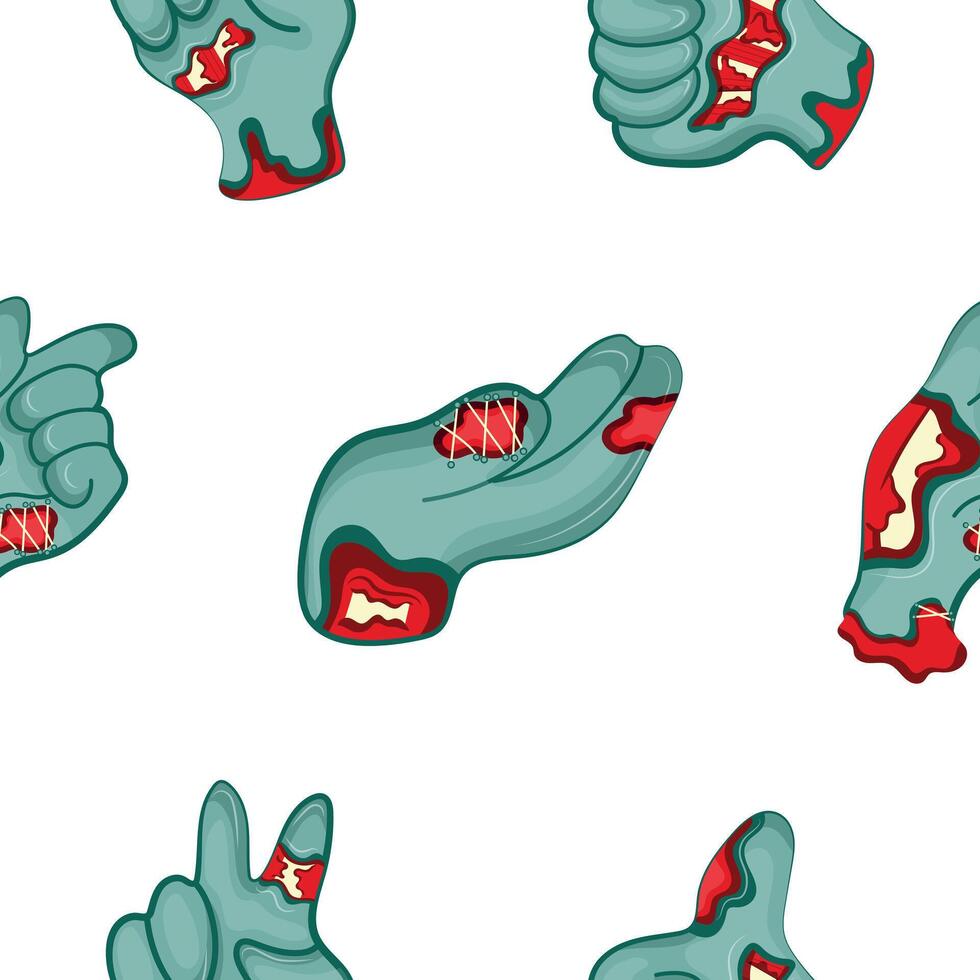 pattern with a set of cartoon zombie hands in blue with open wounds and bones that fold into various gestures, Halloween design vector