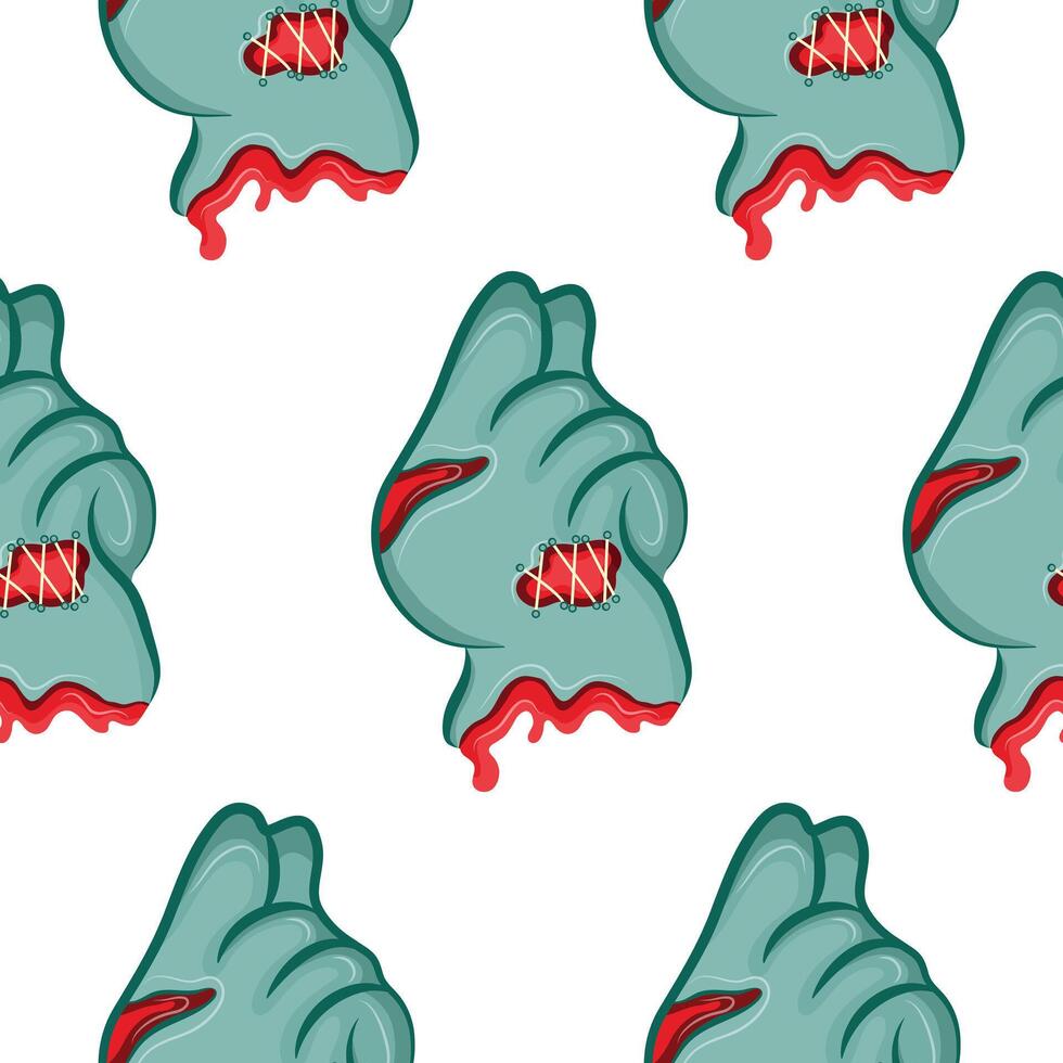 pattern of a cartoon zombie hand in blue with open wounds and bones that folds into a clenched zombie fist gesture - a symbol of strength, rebellion or attack, design for Halloween vector