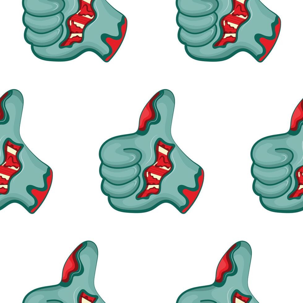 pattern with a cartoon zombie hand in blue with open wounds and bones showing a thumbs up which means like, design for Halloween vector
