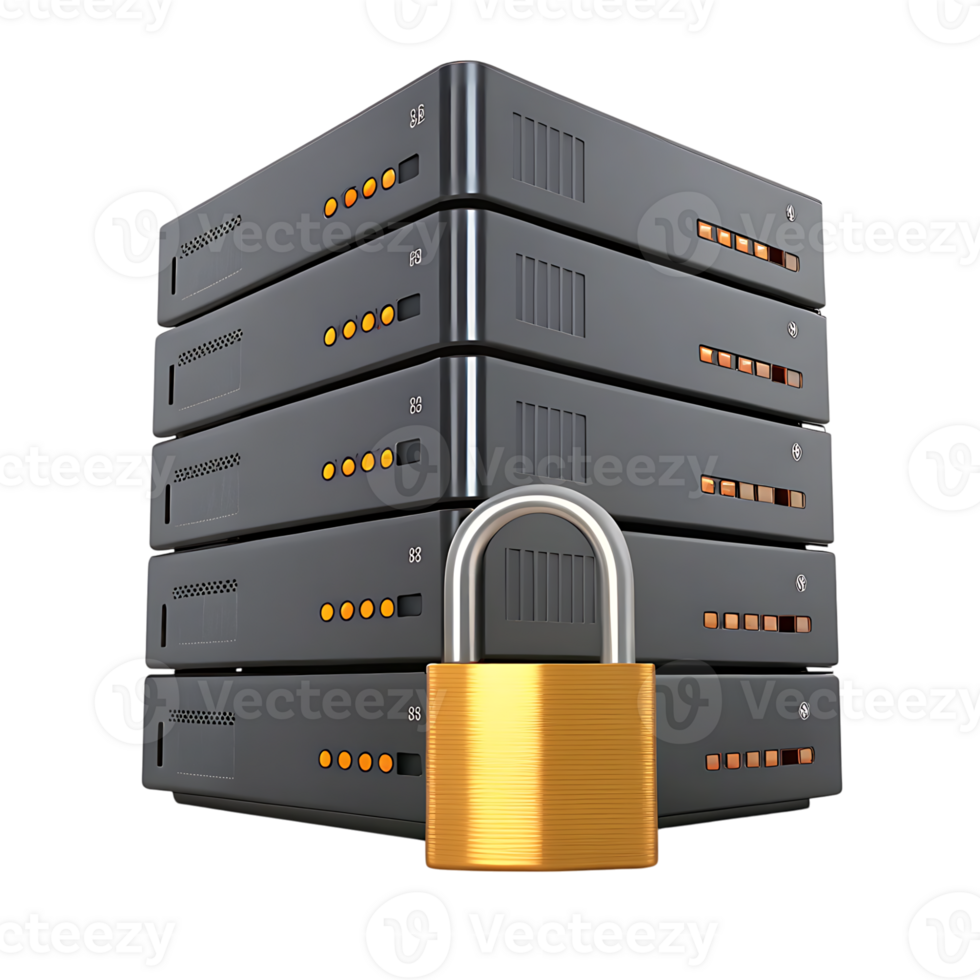 Secured Data Server Rack with Golden Padlock Emphasizing Data Protection and Cybersecurity Measures for Business Servers png