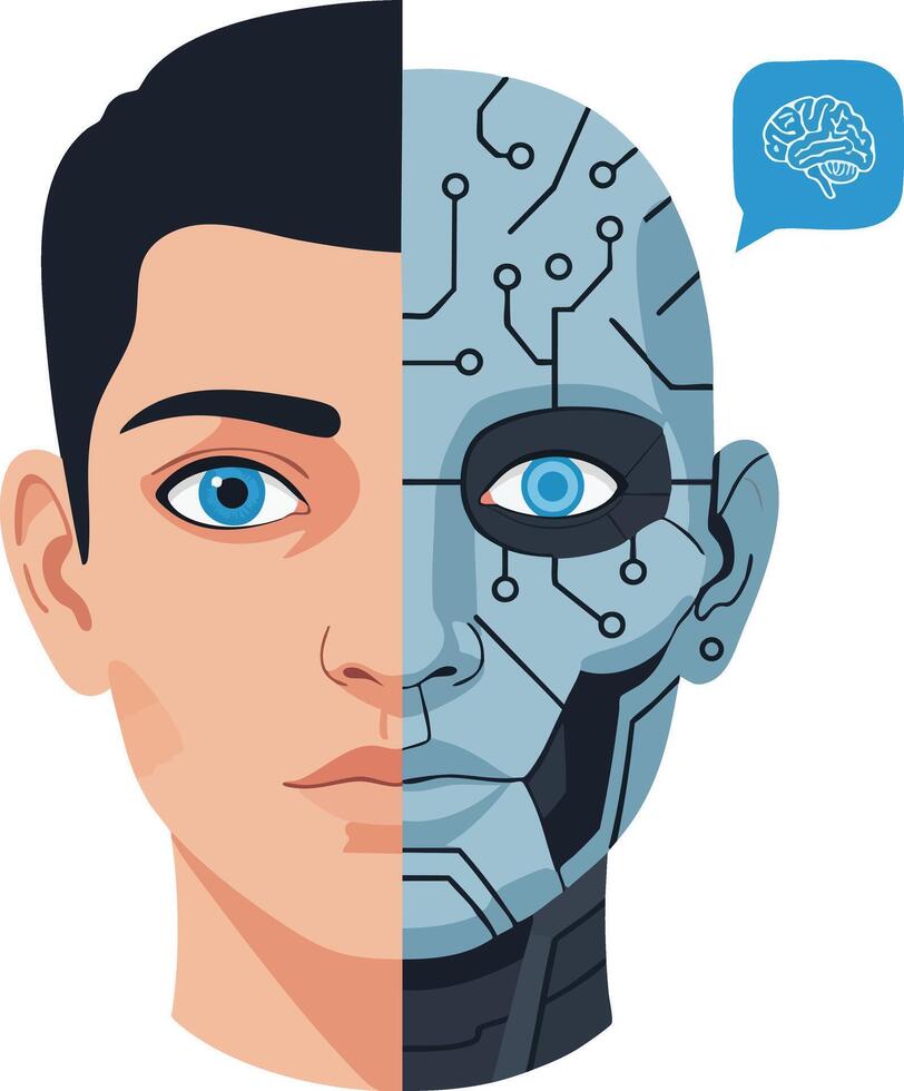 Human face merged with robot half showing artificial intelligence concept and digital brain icon illustration vector