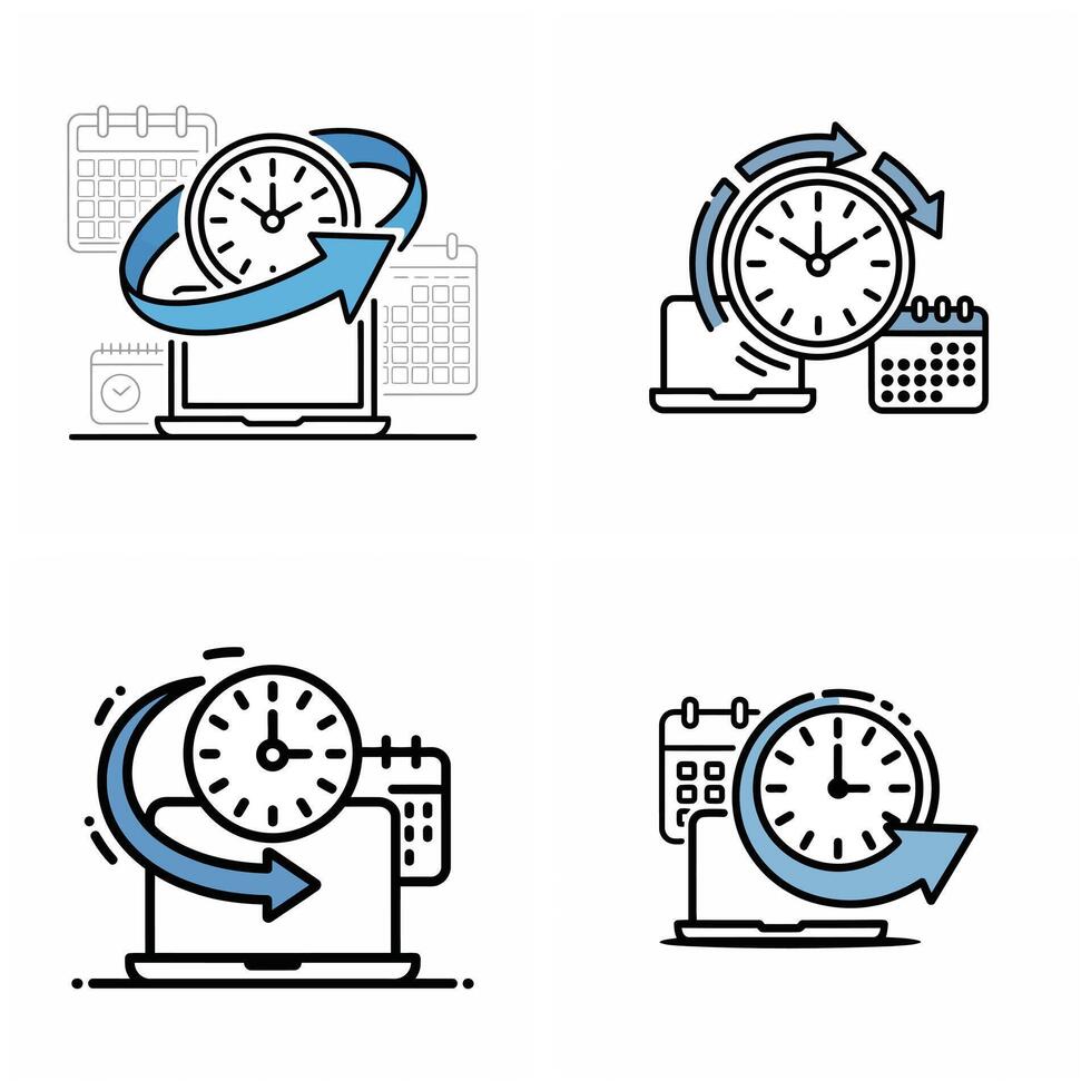 Four Blue and Black Line Icons Depicting Time Management Concepts Featuring Clocks Calendars and Laptops Illustrating Scheduling and Time vector