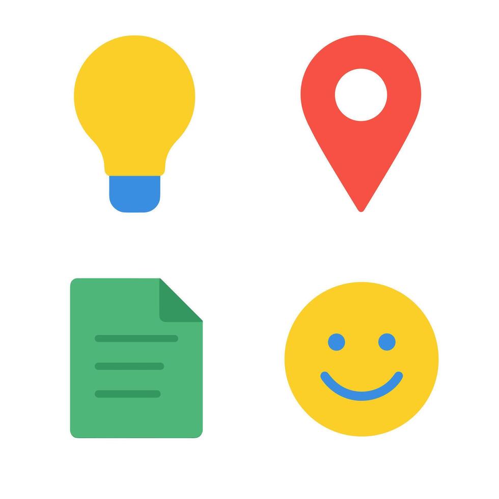 Flat Design Symbol Collection Icon With Lightbulb, Location, Document, Smiley vector