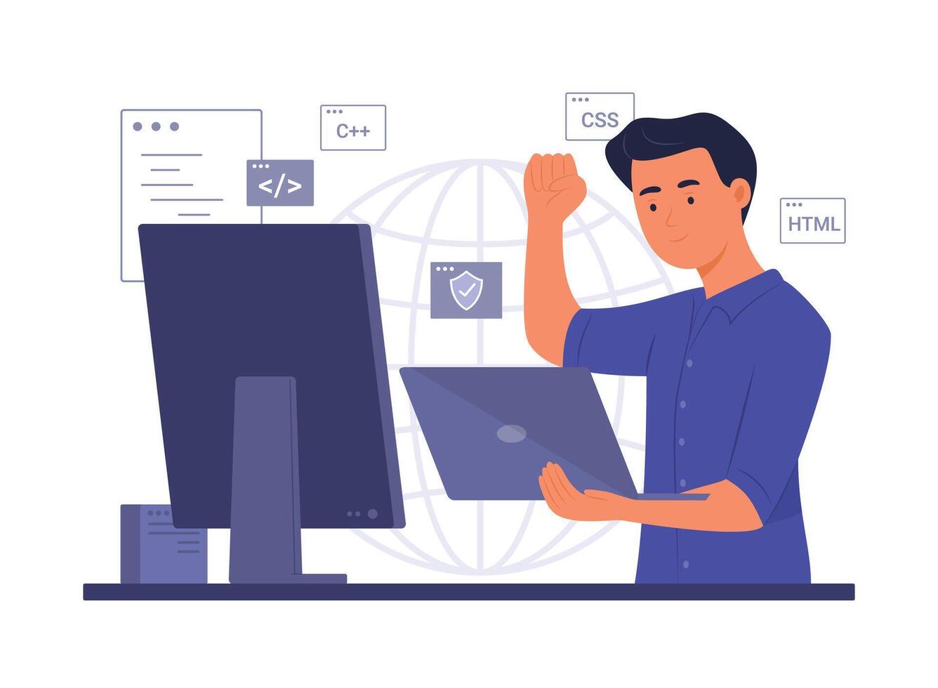 Programmer Man Process Coding on Laptop Computer for Software Development Concept Illustration vector