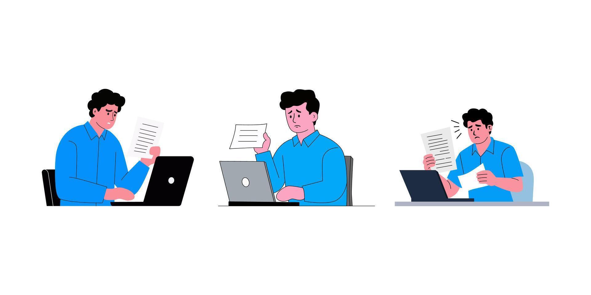 Man working on laptop with documents vector