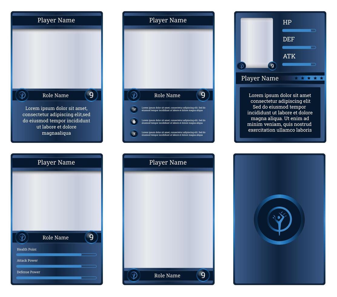 game card template with medieval style and white and blue color. TCG for player e-sport and in-game character vector