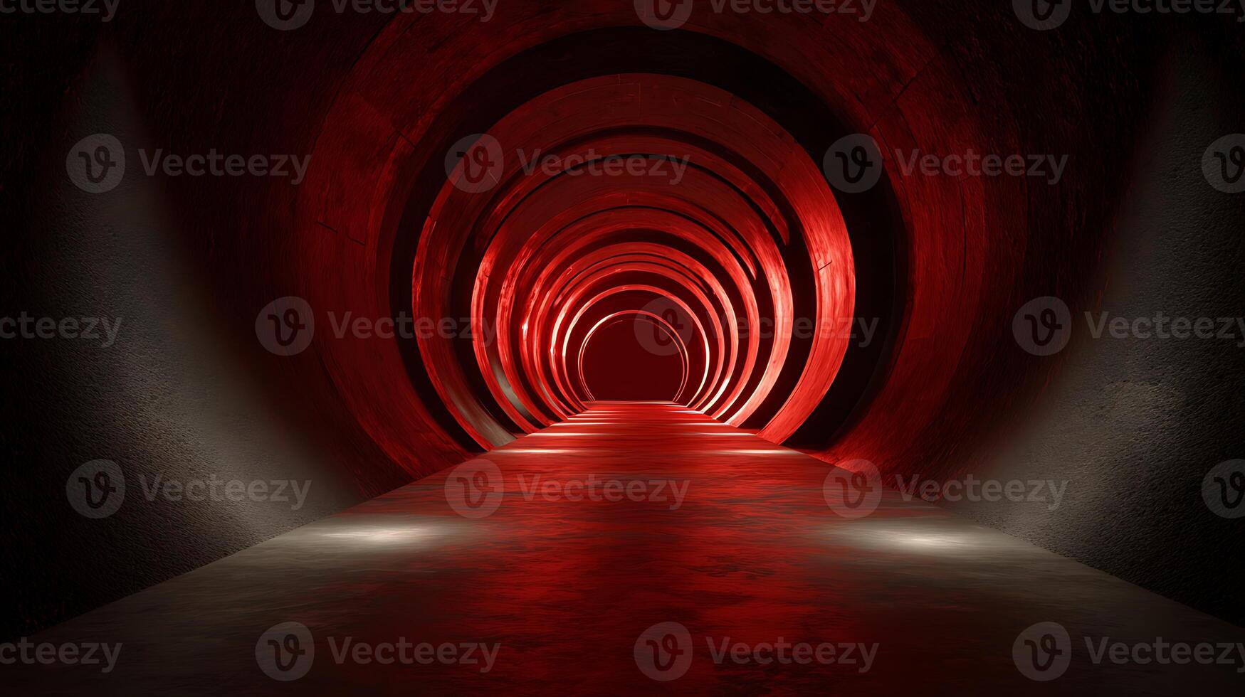 A dark tunnel with red lights illuminating the path, creating a futuristic and abstract scene with a perspective view of the underground structure photo