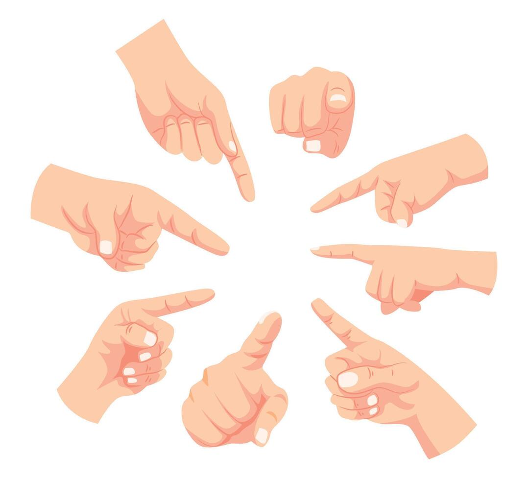 Set of Hand with pointing finger gesture with different view and angle, pointing fingers in a direction sign collection, flat hand drawn style, isolated on white background, illustration. vector