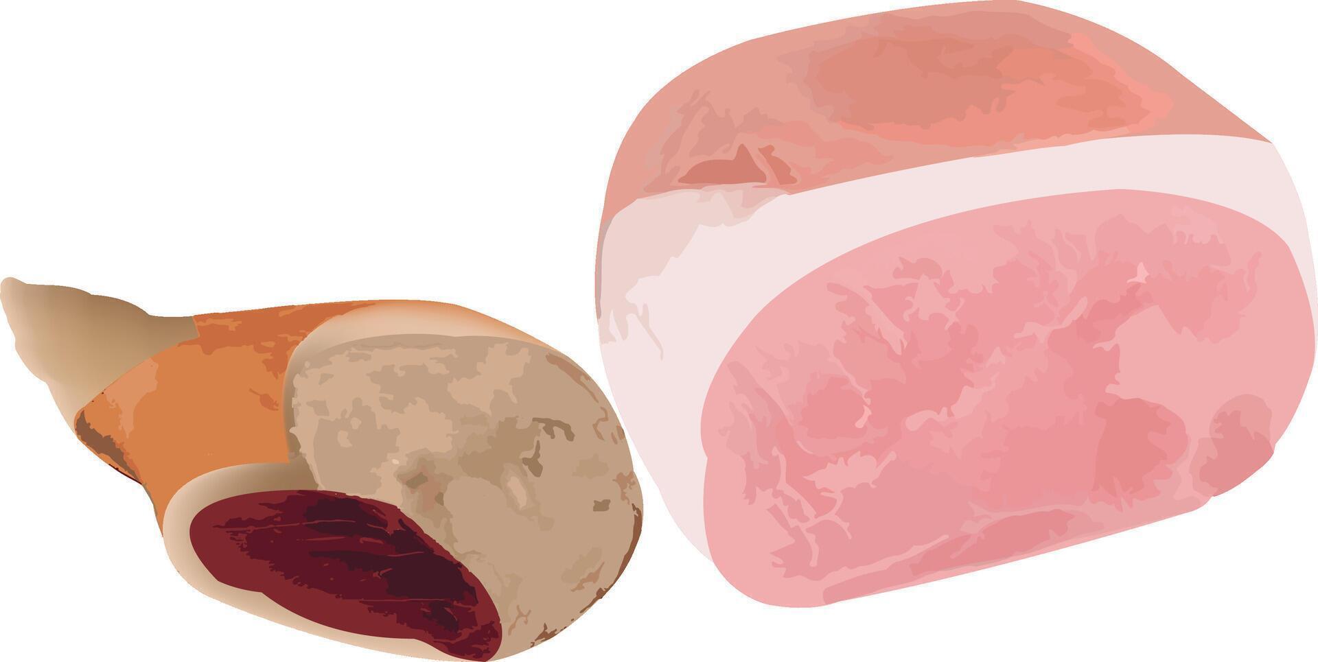 Pork meat presenting different cuts and preparations on white background vector