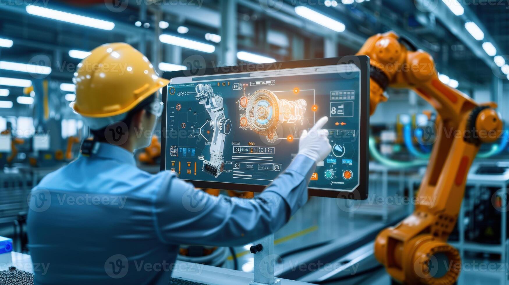 man is pointing at a robot on a computer screen. The robot is orange and has two screens. The man is wearing a hard hat photo