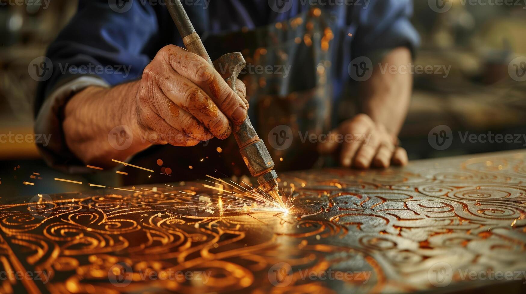 A man is working on a piece metal with a torch. Concept of craftsmanship and dedication to the task at hand. The man's hands are covered in grease photo