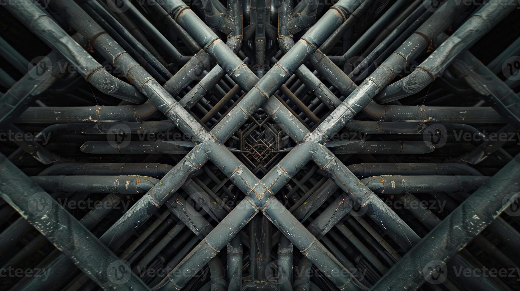 A close up of a bunch of pipes with a dark and industrial feel. The pipes are twisted and bent in a way that makes them look like they are part of a larger structure photo