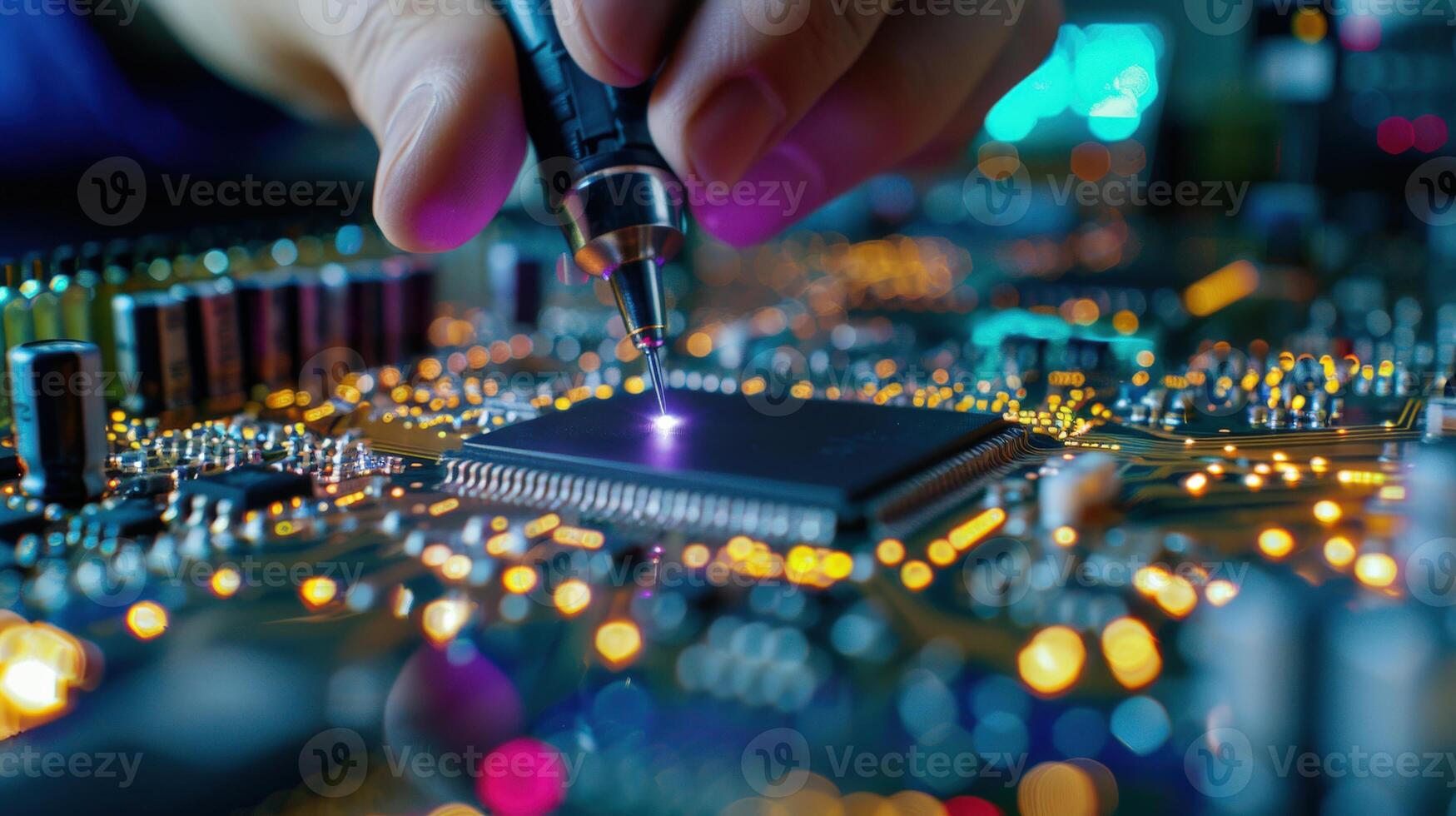 A person is working on a computer chip, using a pen to etch a design into the chip. Concept of precision and focus, as the person carefully works on the delicate electronic component photo