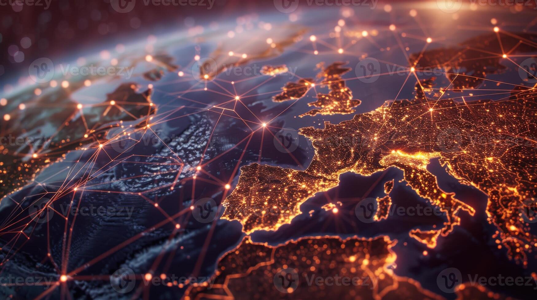 A close up of globe with a network of lines connecting it. The globe is lit up with a warm orange glow, giving the impression of a network of connections photo