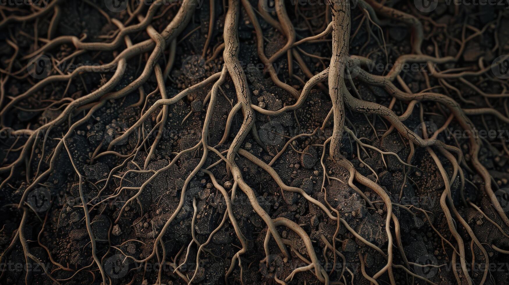 close up of tree roots that are black and brown. The roots are twisted and gnarled, giving the impression of a tangled mess. Scene is one of mystery and intrigue photo