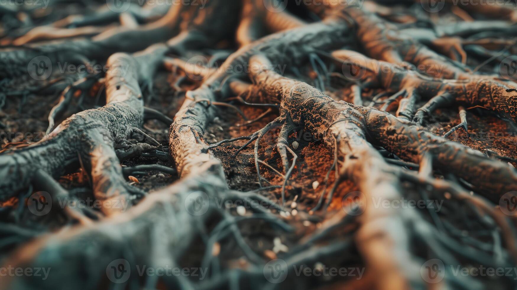 A close up of tree roots that black and brown. The roots are twisted and gnarled, giving the impression of a tangled mess. Scene is one of mystery and intrigue photo