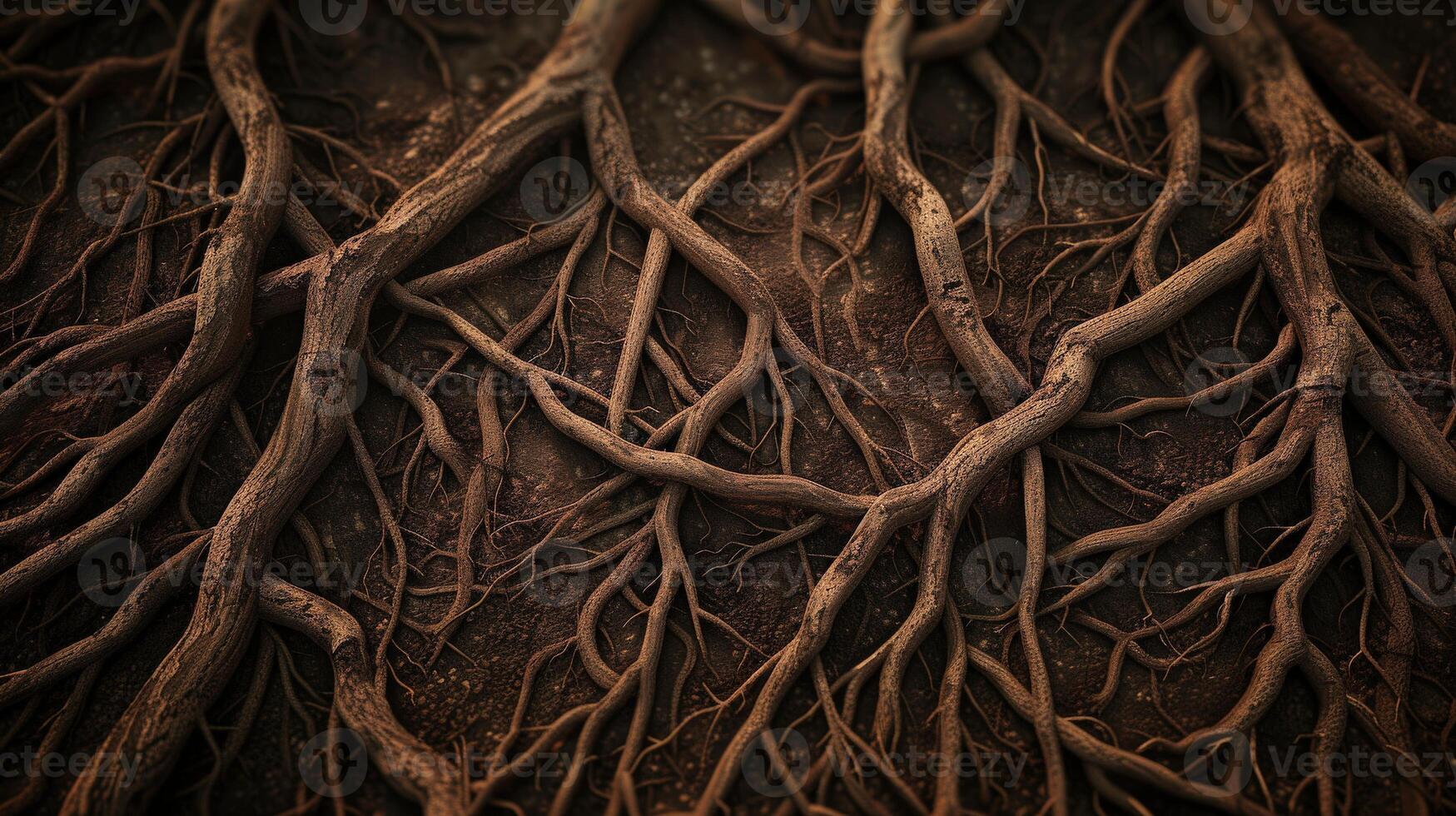 A close up of tree root that are black and brown. The roots are twisted and gnarled, giving the impression of a tangled mess. Scene is one of mystery and intrigue photo