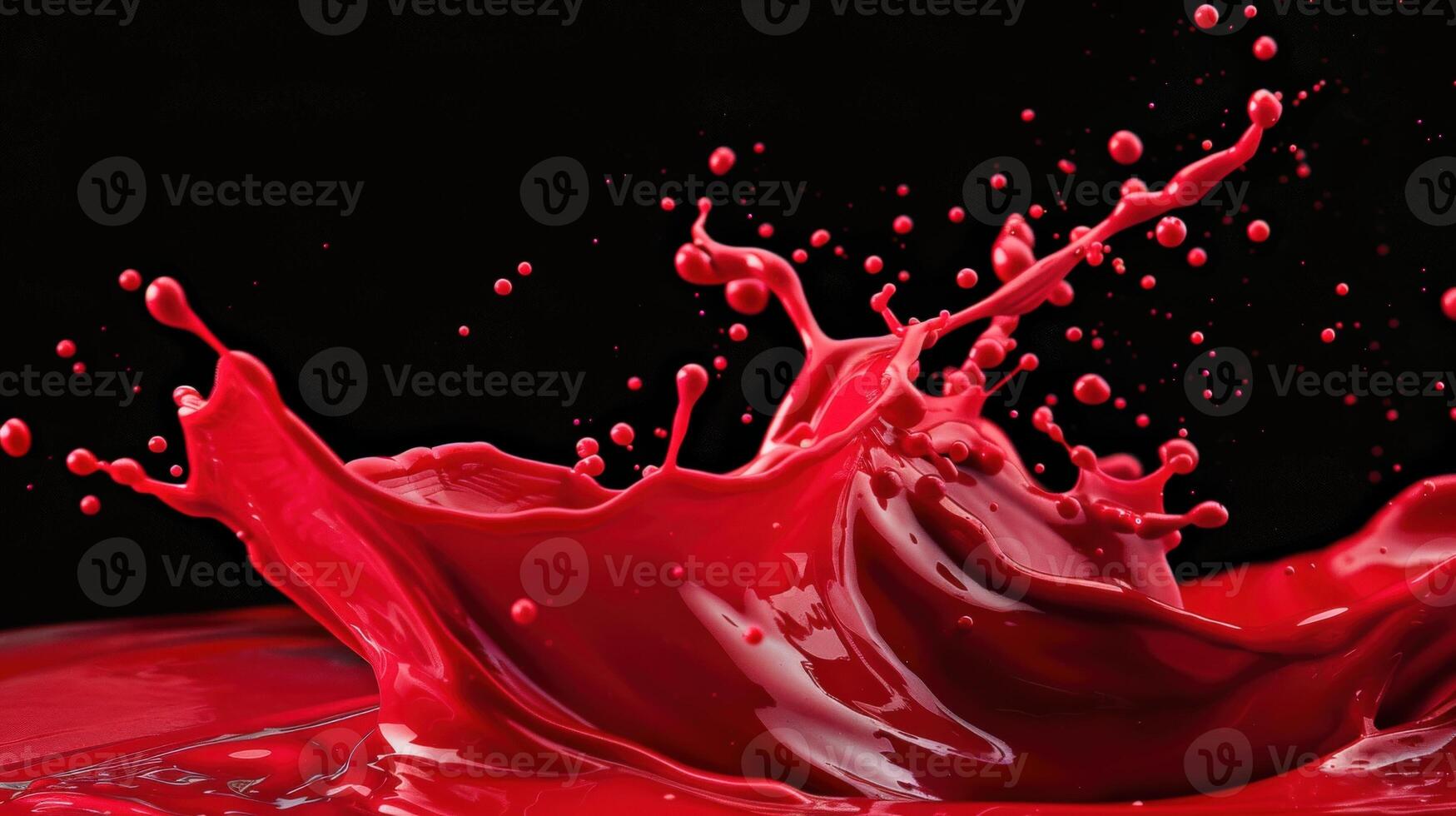 A splash of red paint on a black background. The splash is large and bold, with many small droplets of paint scattered throughout the image. The red paint creates a sense of energy and movement photo